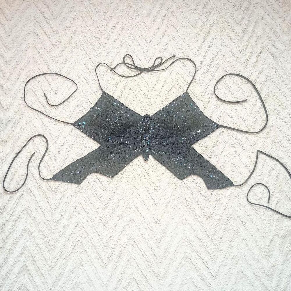 Y2K Black Beaded Sequin Butterfly Fairygoth Top